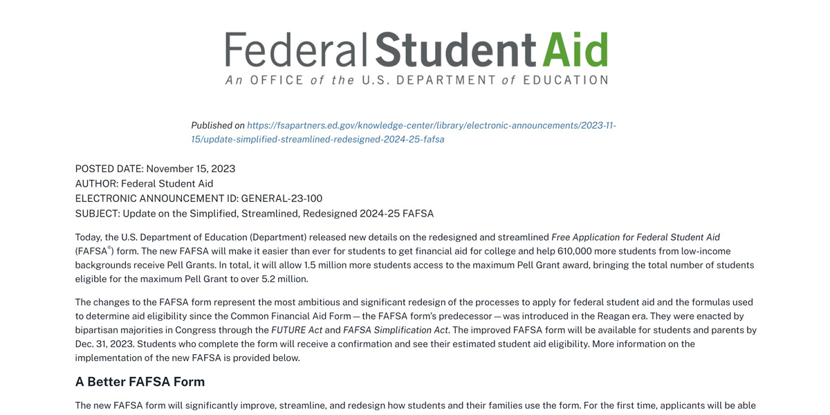 SIMPLIFIED 2024-25 FAFSA READY FOR FAMILIES ON DECEMBER 31, 2023